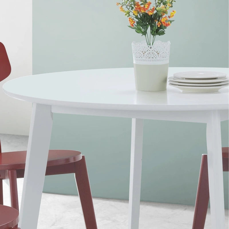 Table à manger ronde blanche contemporaine avec piètement géométrique, 4 places, MDF et bois d'hévéa