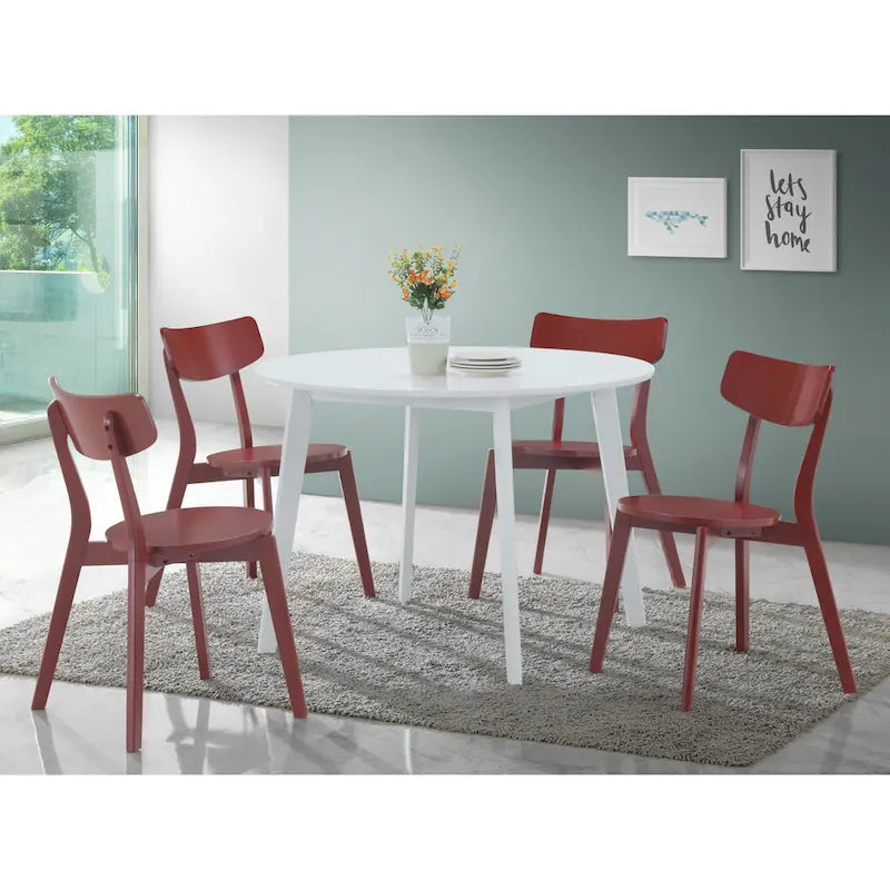 Table à manger ronde blanche contemporaine avec piètement géométrique, 4 places, MDF et bois d'hévéa