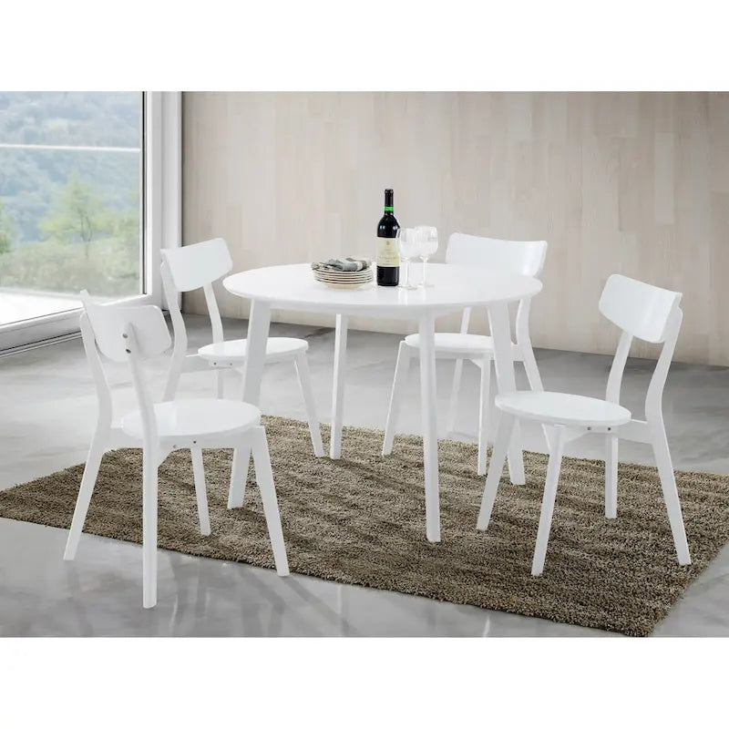 Table à manger ronde blanche contemporaine avec piètement géométrique, 4 places, MDF et bois d'hévéa