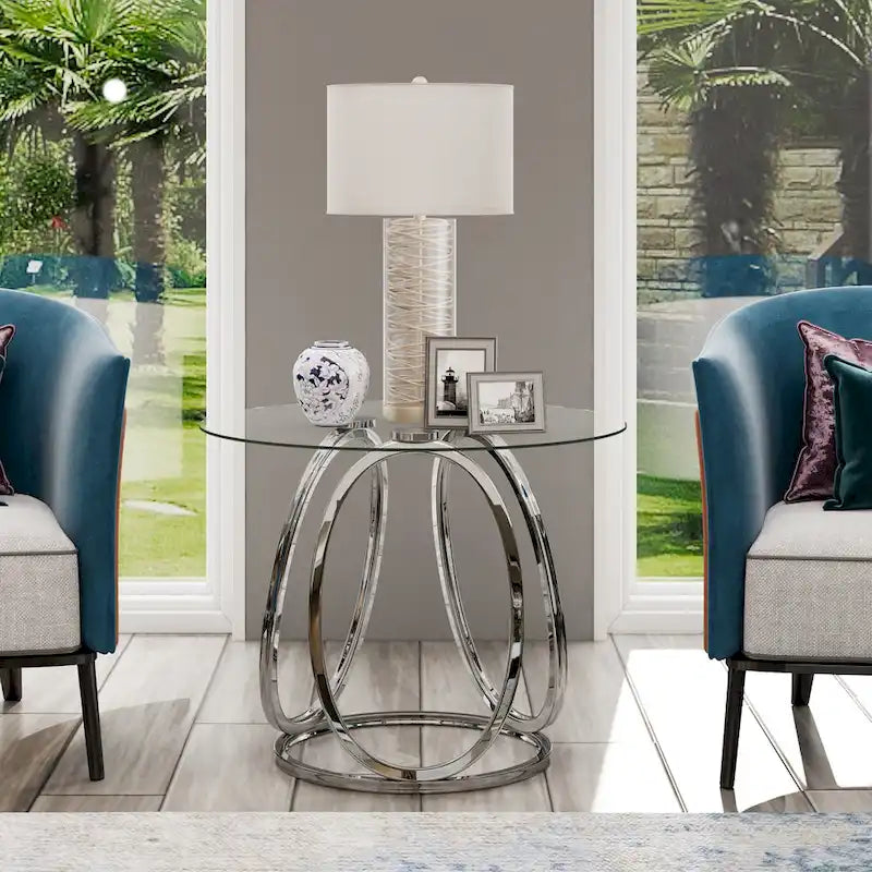 Table d'appoint en verre avec cadre en métal chromé et plateau en verre trempé pour salon ou chambre à coucher