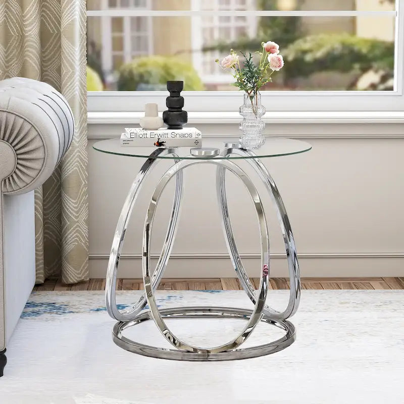 Table d'appoint en verre avec cadre en métal chromé et plateau en verre trempé pour salon ou chambre à coucher