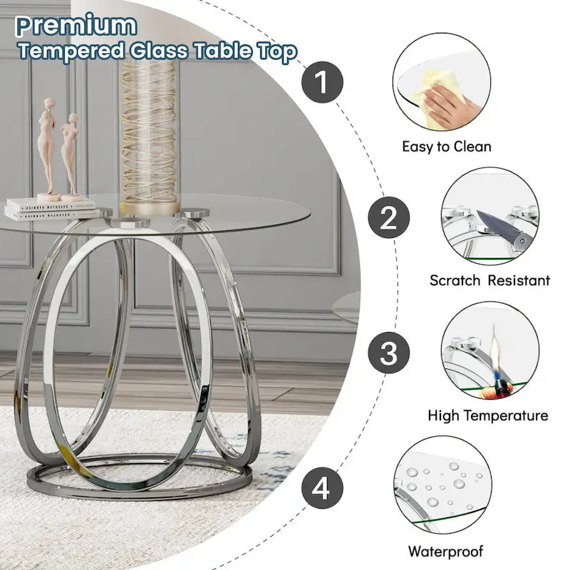 Table d'appoint en verre avec cadre en métal chromé et plateau en verre trempé pour salon ou chambre à coucher