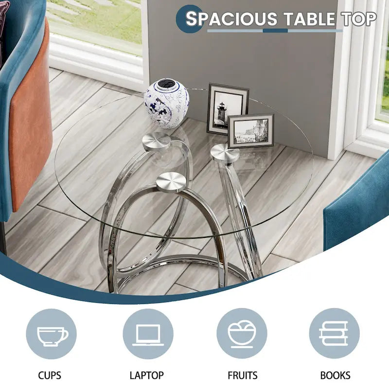 Table d'appoint en verre avec cadre en métal chromé et plateau en verre trempé pour salon ou chambre à coucher