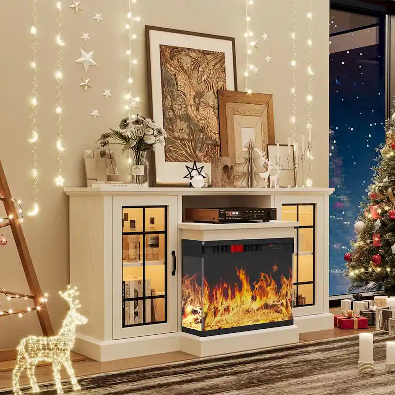 Meuble TV avec cheminée électrique vitrée sur tous les côtés