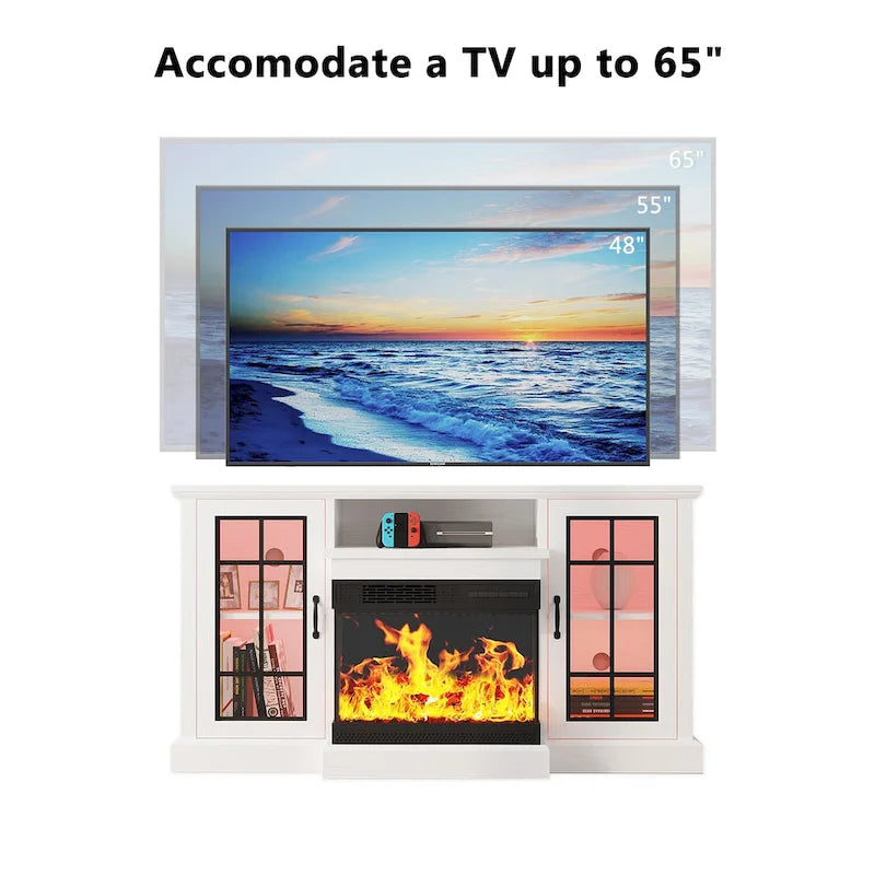 Meuble TV avec cheminée électrique vitrée sur tous les côtés