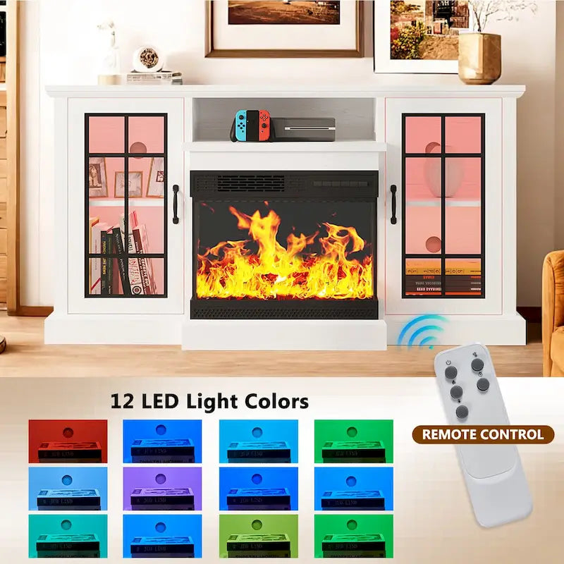 Meuble TV avec cheminée électrique vitrée sur tous les côtés