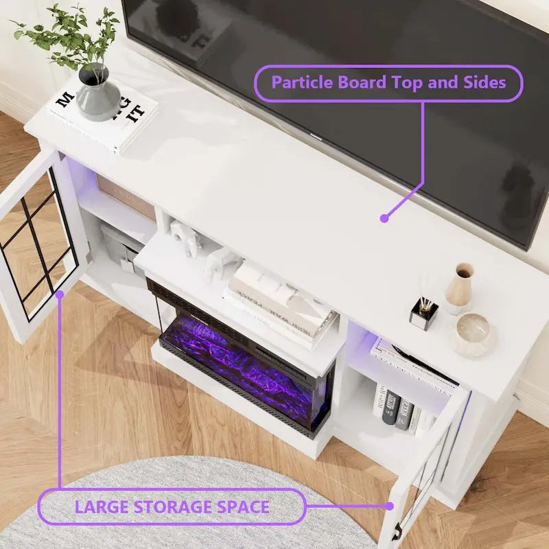 Meuble TV avec cheminée électrique vitrée sur tous les côtés