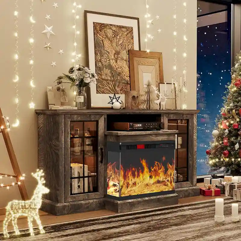 Meuble TV avec cheminée électrique vitrée sur tous les côtés