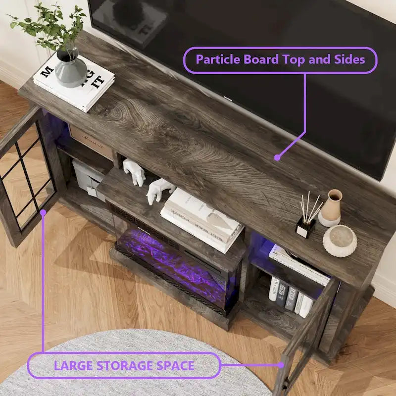 Meuble TV avec cheminée électrique vitrée sur tous les côtés