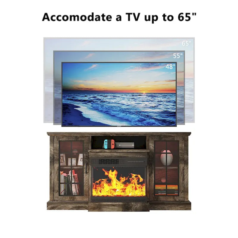 Meuble TV avec cheminée électrique vitrée sur tous les côtés