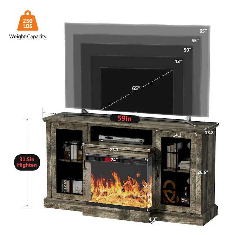 Meuble TV avec cheminée électrique vitrée sur tous les côtés