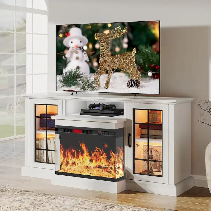 Meuble TV avec cheminée électrique vitrée sur tous les côtés