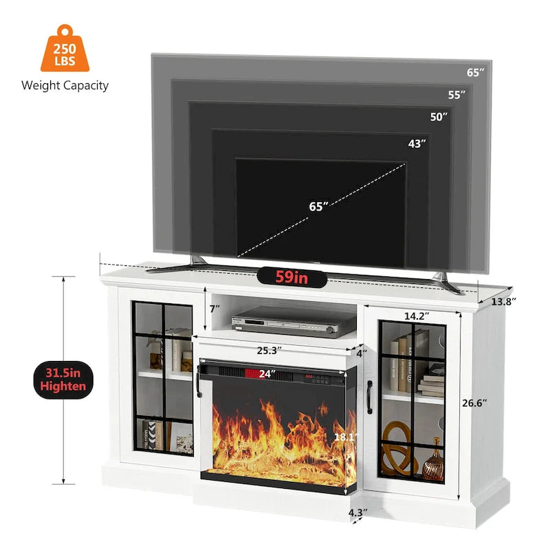 Meuble TV avec cheminée électrique vitrée sur tous les côtés