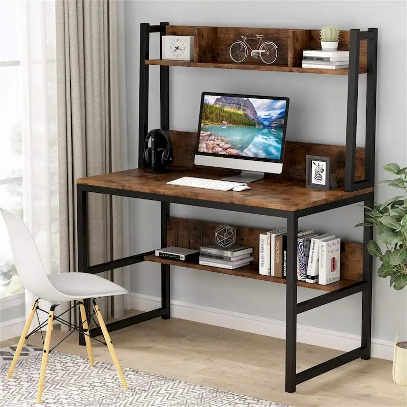Bureau informatique, bureau de télétravail avec étagère et tablettes