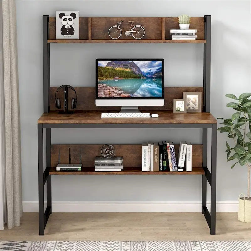 Bureau informatique, bureau de télétravail avec étagère et tablettes