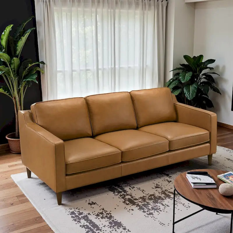Madeline Mid Century Modern Furniture Genuine Leather Couches in Cognac Tan