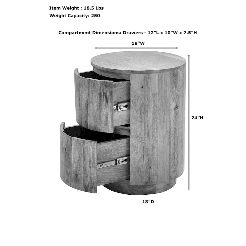Table de chevet ronde 2 tiroirs de 45,7 cm avec rangement pour chambre à coucher, table de chevet moderne