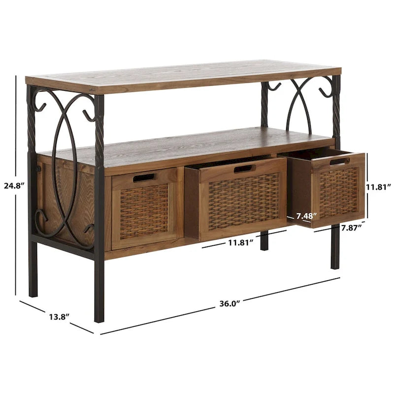 Console en étain antique et noyer foncé, 91,4 cm L x 35,6 cm P x 63,5 cm H