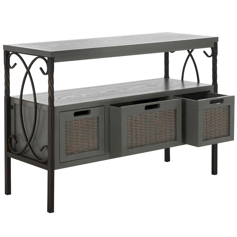 Console en étain antique et noyer foncé, 91,4 cm L x 35,6 cm P x 63,5 cm H