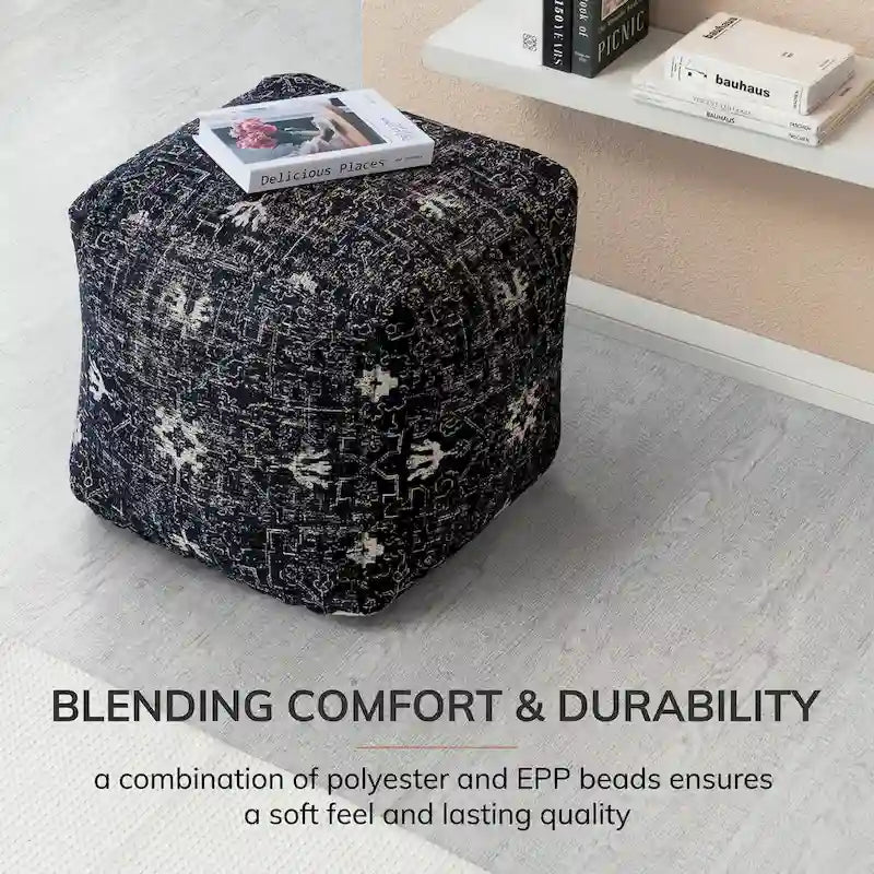 Pouf ottoman carré noir et blanc fait main de 50 cm