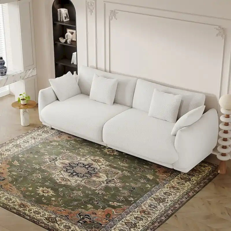 Canapé triple moderne en velours Teddy de 86,6 po avec 4 oreillers et pieds en métal