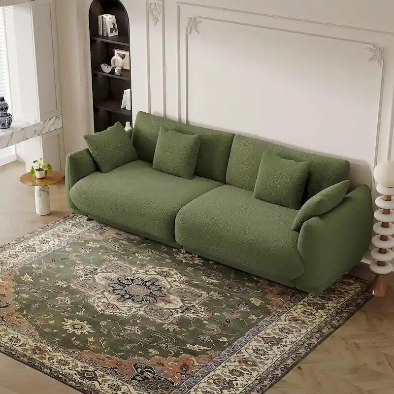 Canapé triple moderne en velours Teddy de 86,6 po avec 4 oreillers et pieds en métal