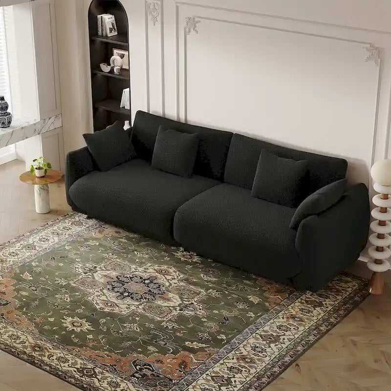 Canapé triple moderne en velours Teddy de 86,6 po avec 4 oreillers et pieds en métal