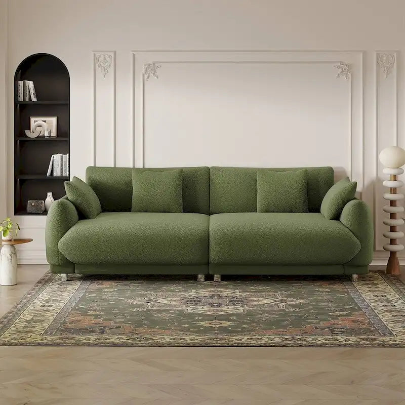 Canapé triple moderne en velours Teddy de 86,6 po avec 4 oreillers et pieds en métal