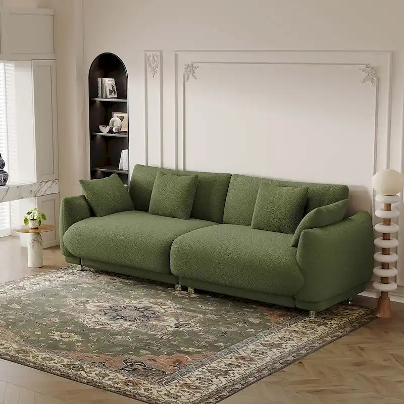 Canapé triple moderne en velours Teddy de 86,6 po avec 4 oreillers et pieds en métal