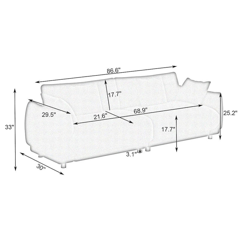 Canapé triple moderne en velours Teddy de 86,6 po avec 4 oreillers et pieds en métal