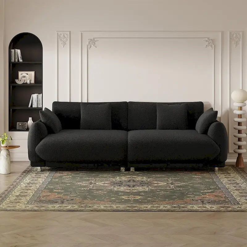 Canapé triple moderne en velours Teddy de 86,6 po avec 4 oreillers et pieds en métal