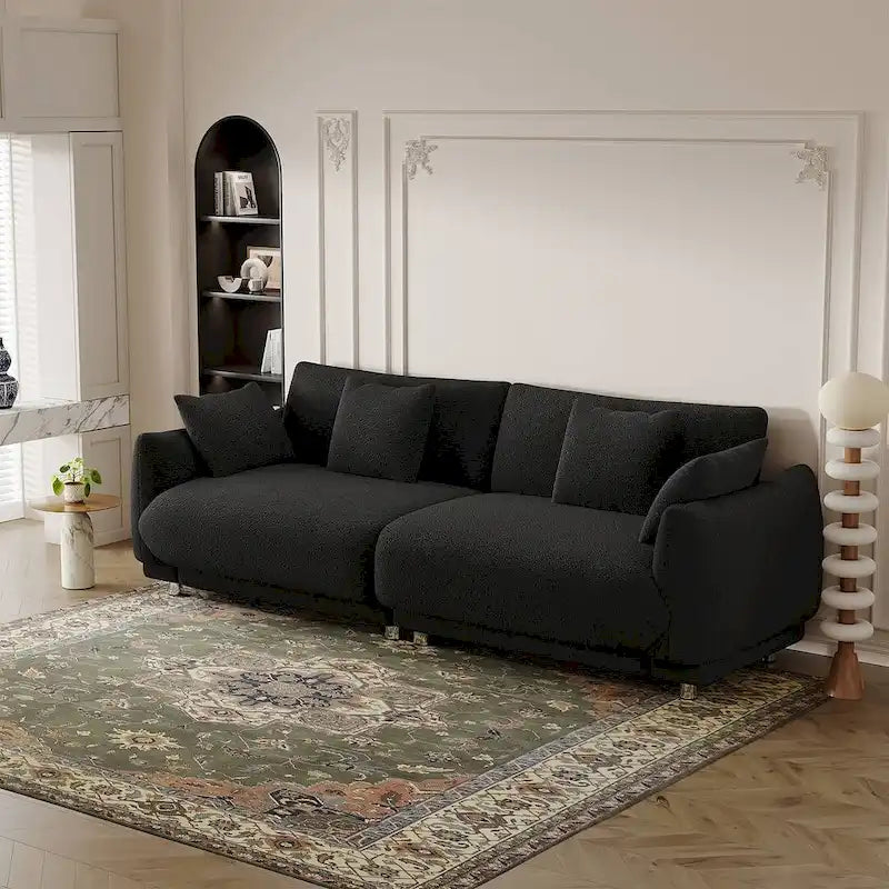 Canapé triple moderne en velours Teddy de 86,6 po avec 4 oreillers et pieds en métal