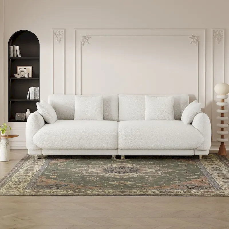 Canapé triple moderne en velours Teddy de 86,6 po avec 4 oreillers et pieds en métal