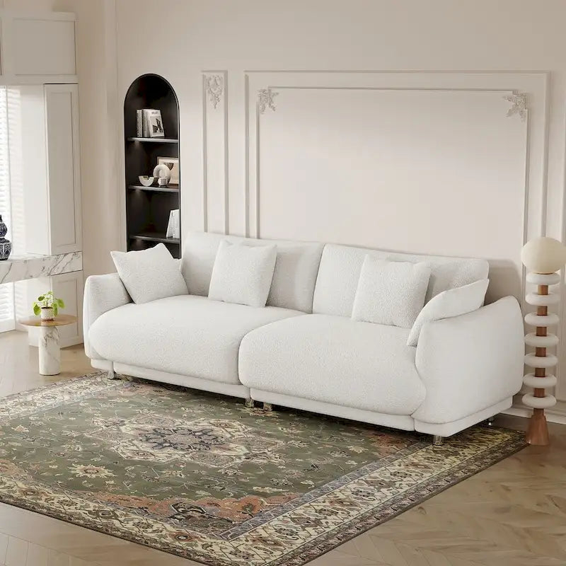 Canapé triple moderne en velours Teddy de 86,6 po avec 4 oreillers et pieds en métal