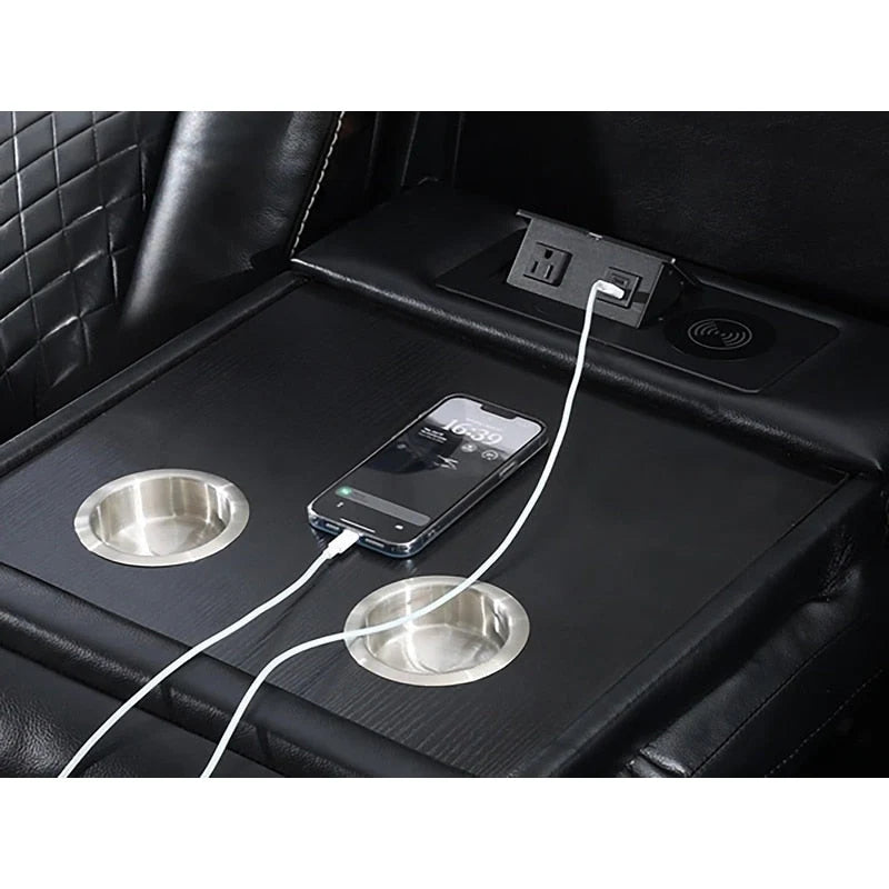 Canapé inclinable électrique avec chargeur sans fil, liseuse pour salon, lumière LED en similicuir, port AC/USB, porte-gobelet, noir