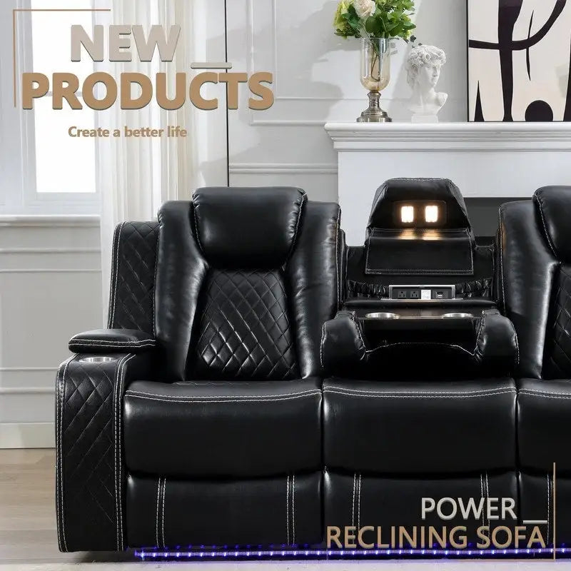Canapé inclinable électrique avec chargeur sans fil, liseuse pour salon, lumière LED en similicuir, port AC/USB, porte-gobelet, noir