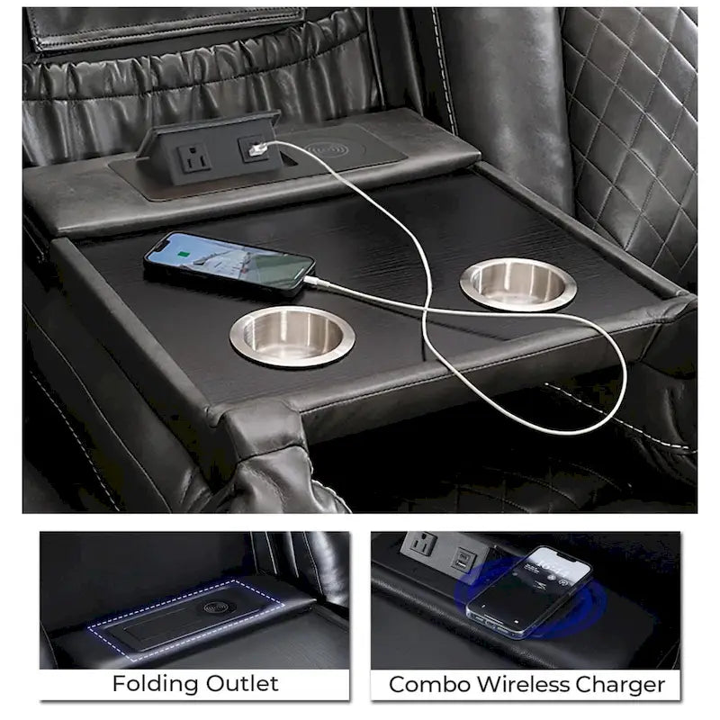 Canapé inclinable électrique avec chargeur sans fil, liseuse pour salon, lumière LED en similicuir, port AC/USB, porte-gobelet, noir