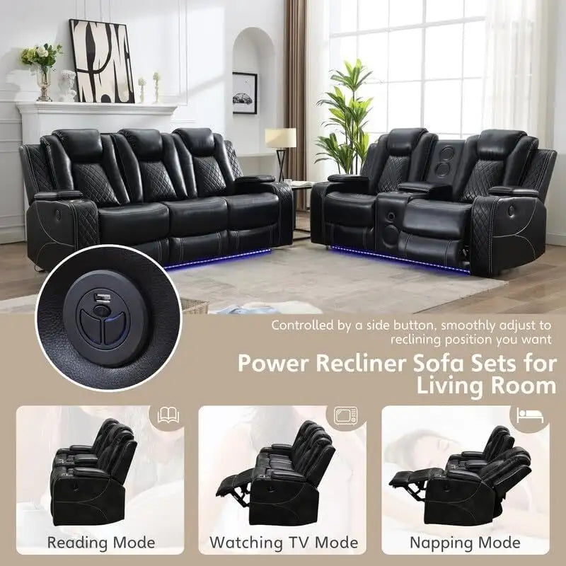 Canapé inclinable électrique avec chargeur sans fil, liseuse pour salon, lumière LED en similicuir, port AC/USB, porte-gobelet, noir