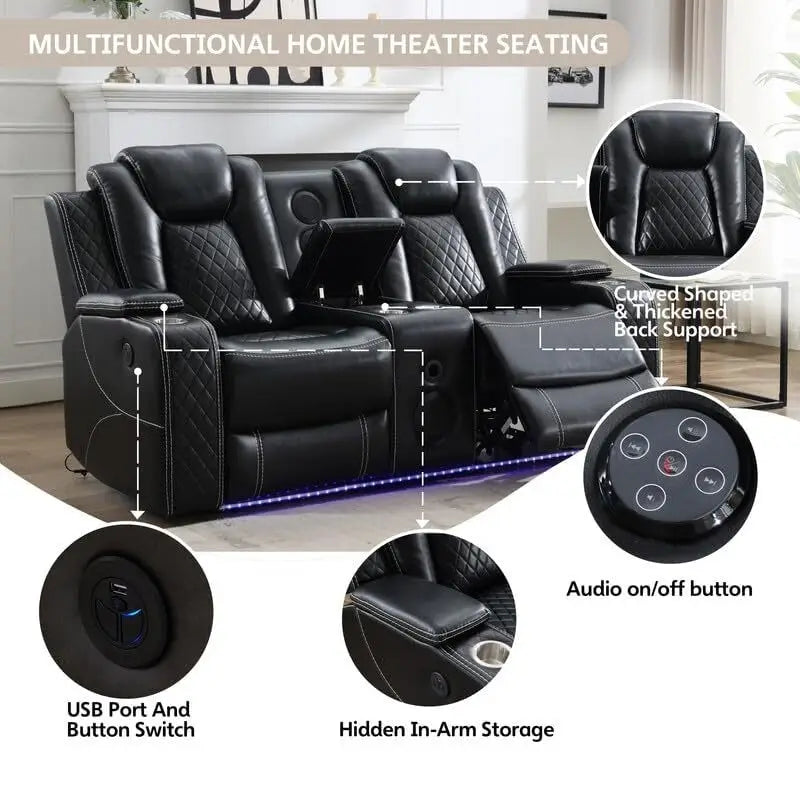 Canapé inclinable électrique avec chargeur sans fil, liseuse pour salon, lumière LED en similicuir, port AC/USB, porte-gobelet, noir