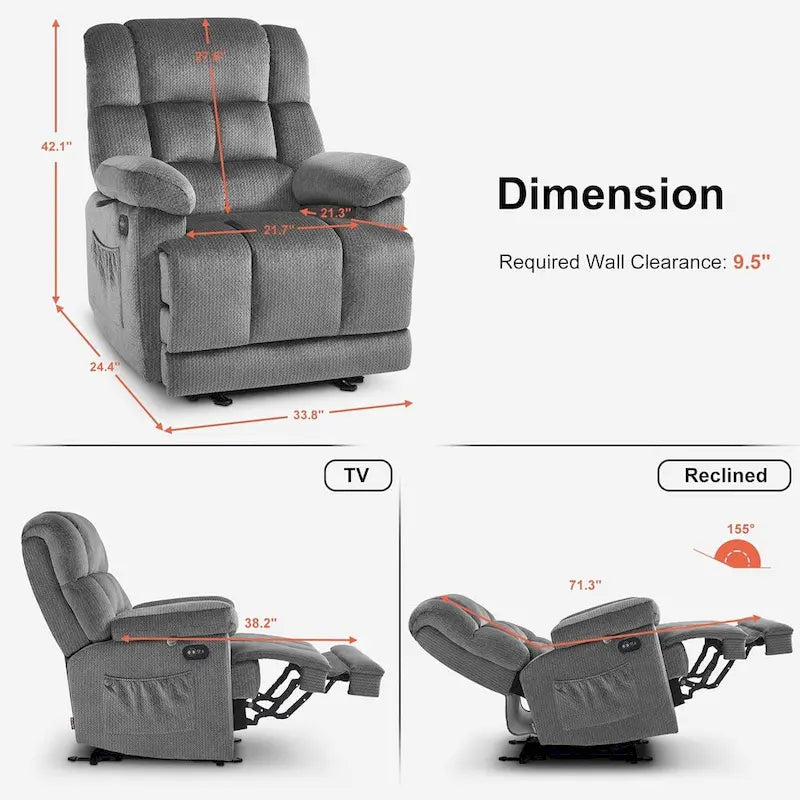 Fauteuil inclinable électrique avec fonction de chauffage et de massage pour le salon