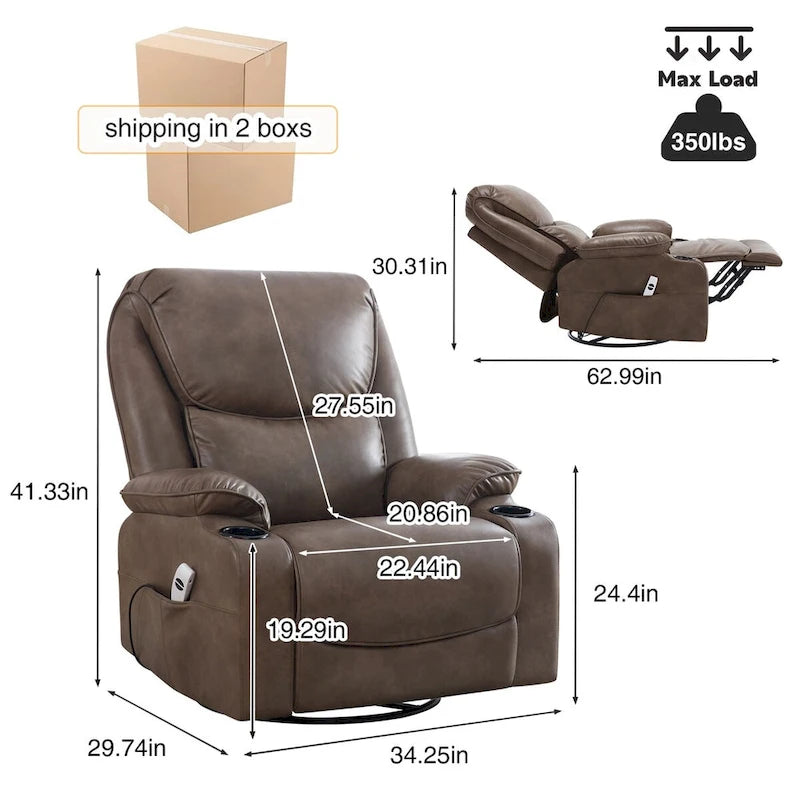 Fauteuil inclinable électrique pivotant et berçant en similicuir de 34,2 po de largeur avec port USB