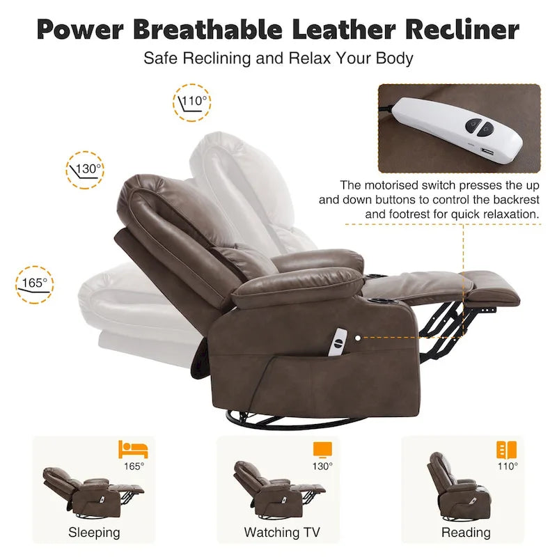 Fauteuil inclinable électrique pivotant et berçant en similicuir de 34,2 po de largeur avec port USB