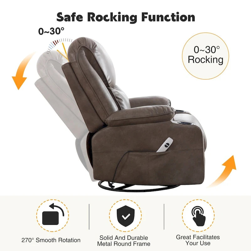 Fauteuil inclinable électrique pivotant et berçant en similicuir de 34,2 po de largeur avec port USB