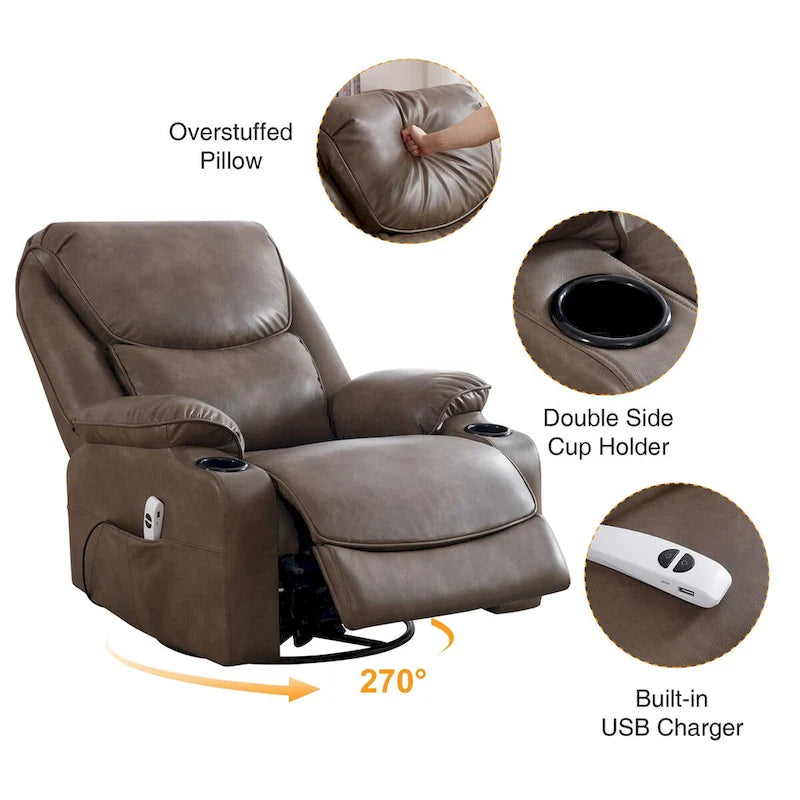 Fauteuil inclinable électrique pivotant et berçant en similicuir de 34,2 po de largeur avec port USB