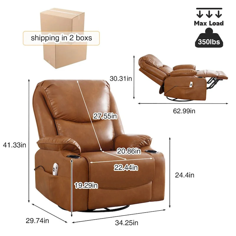 Fauteuil inclinable électrique pivotant et berçant en similicuir de 34,2 po de largeur avec port USB
