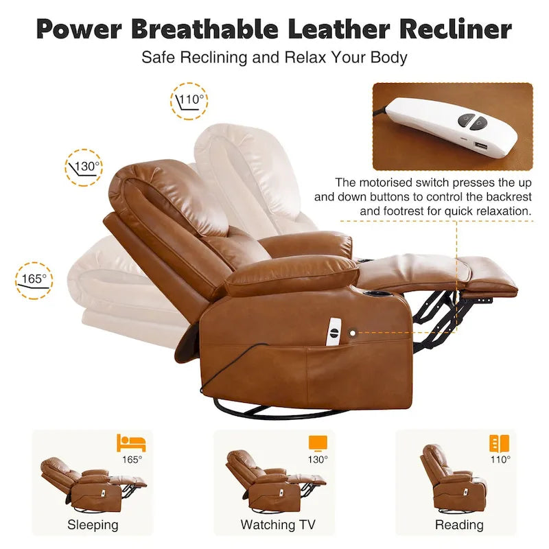 Fauteuil inclinable électrique pivotant et berçant en similicuir de 34,2 po de largeur avec port USB