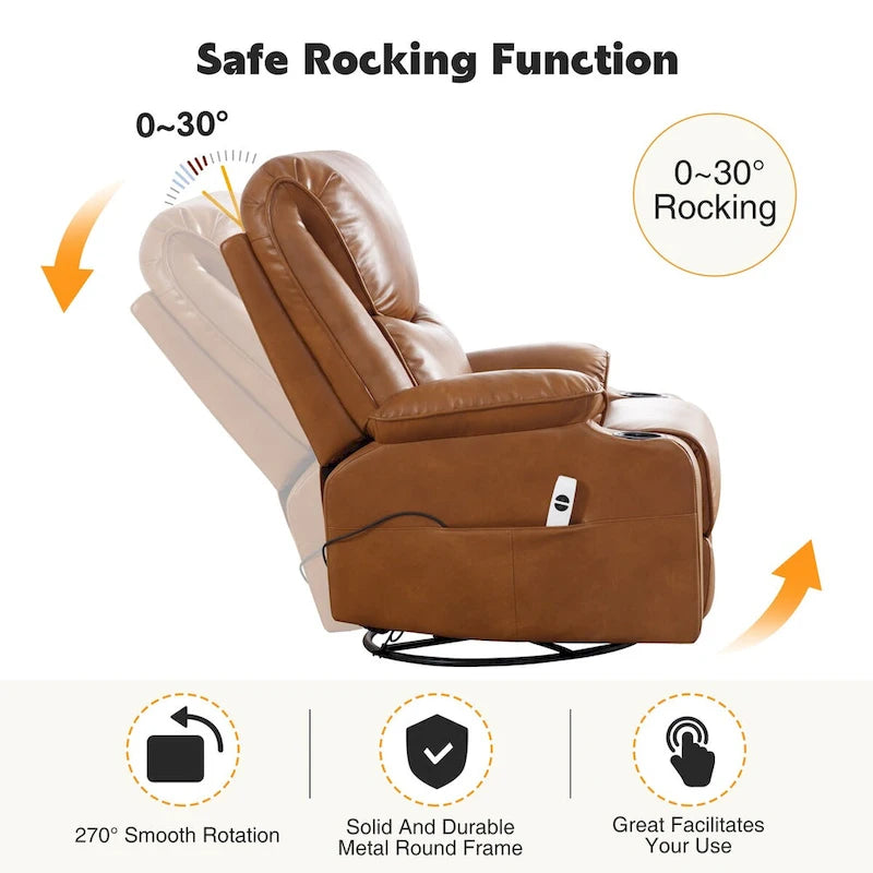 Fauteuil inclinable électrique pivotant et berçant en similicuir de 34,2 po de largeur avec port USB