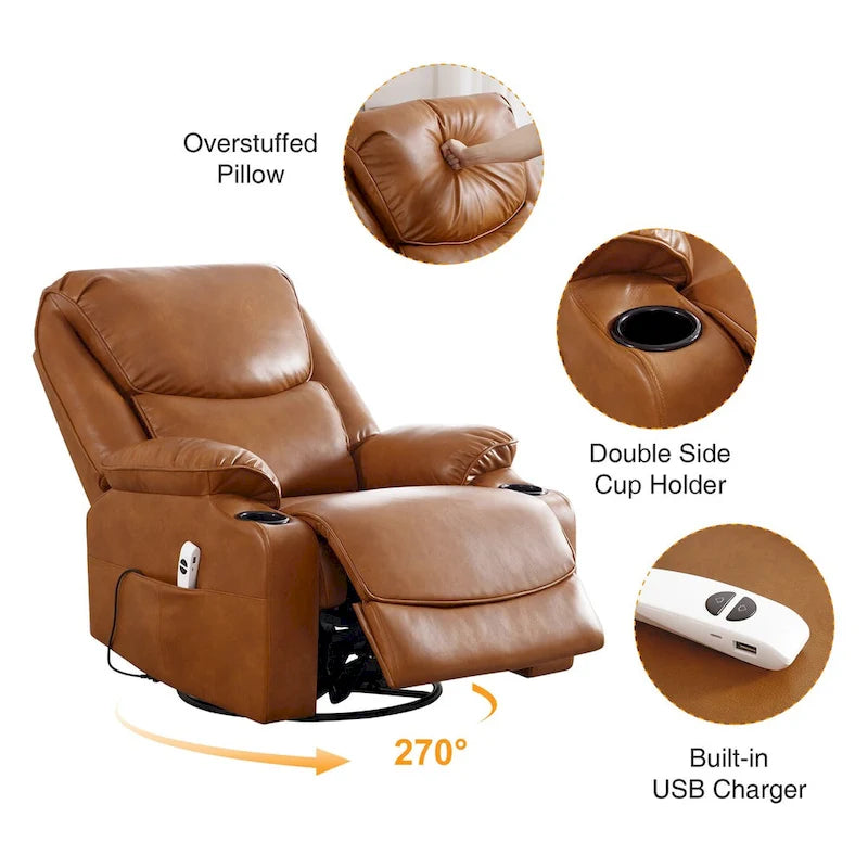 Fauteuil inclinable électrique pivotant et berçant en similicuir de 34,2 po de largeur avec port USB