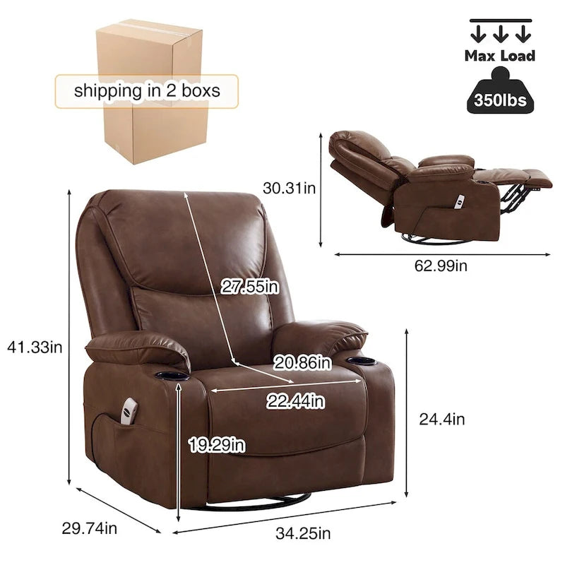 Fauteuil inclinable électrique pivotant et berçant en similicuir de 34,2 po de largeur avec port USB