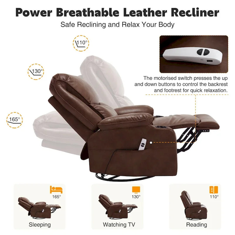 Fauteuil inclinable électrique pivotant et berçant en similicuir de 34,2 po de largeur avec port USB